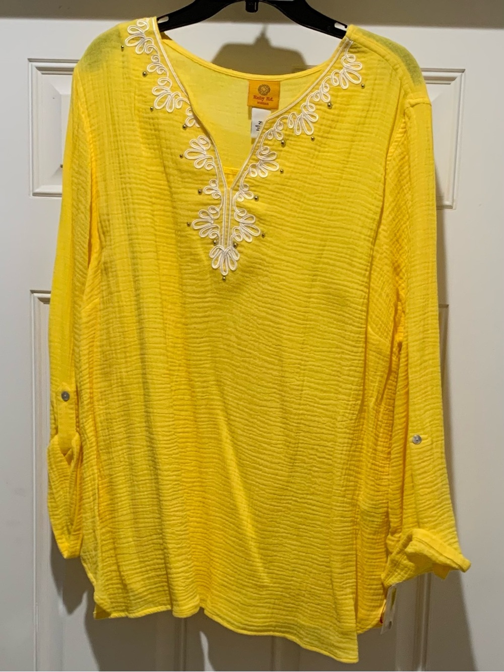 Ruby Rd. Yellow Seer Sucker Embroidered White V-Neck Silver Studs Tunic 2X NWT